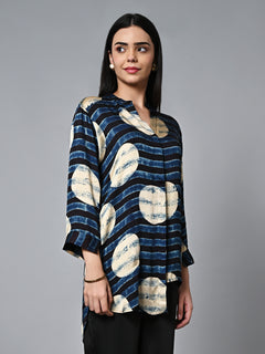 Women's Ajrak Hand Block Printed Loose Fit Modal Blue Blouse
