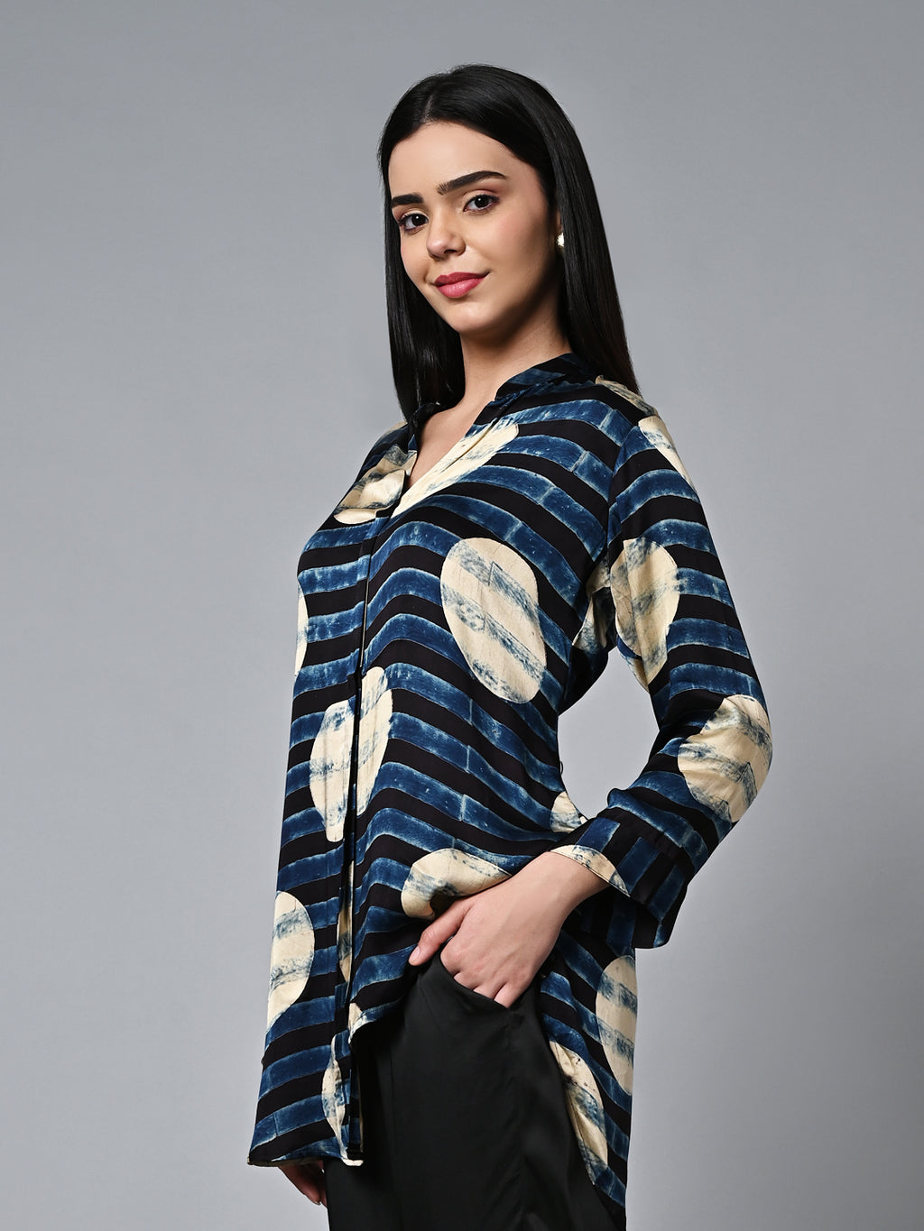 Women's Ajrak Hand Block Printed Loose Fit Modal Blue Blouse