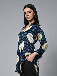 Women's Ajrak Hand Block Printed Loose Fit Modal Blue Blouse