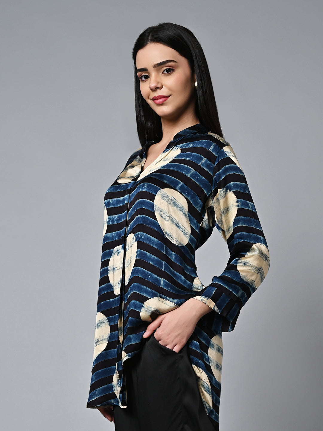 Women's Ajrak Hand Block Printed Loose Fit Modal Blue Blouse