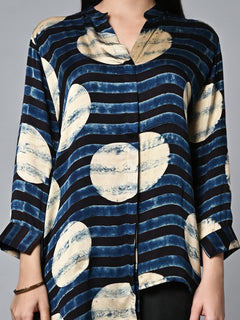 Women's Ajrak Hand Block Printed Loose Fit Modal Blue Blouse
