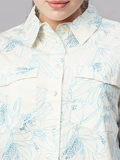 Women's Cotton Regular Fit Cropped Printed Blouse Blue