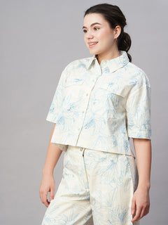 Women's Cotton Regular Fit Cropped Printed Blouse Blue