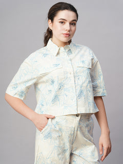 Women's Cotton Regular Fit Cropped Printed Blouse Blue