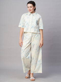 Women's Cotton Regular Fit Cropped Printed Blouse Blue