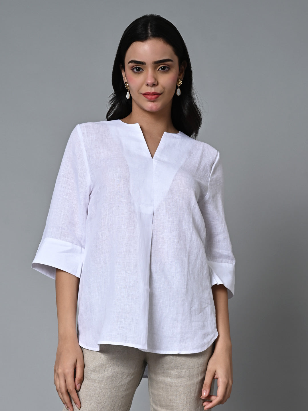 Women's White Linen Excel Regular Fit Blouse