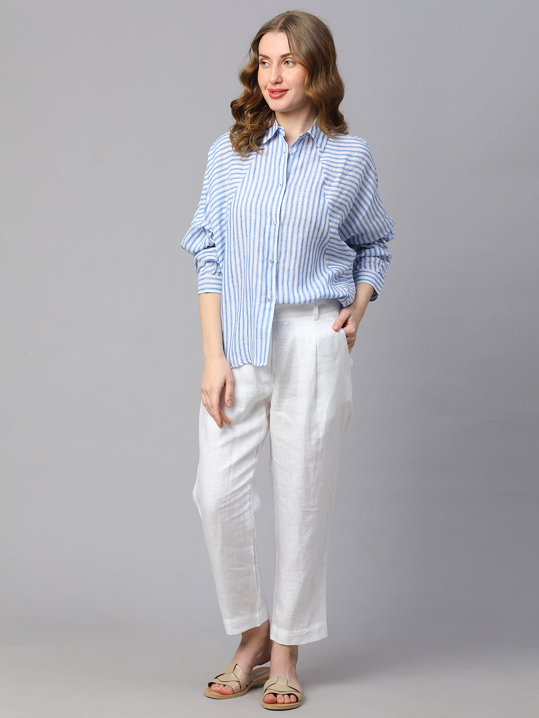 Women's Blue Striped Linen Shirt