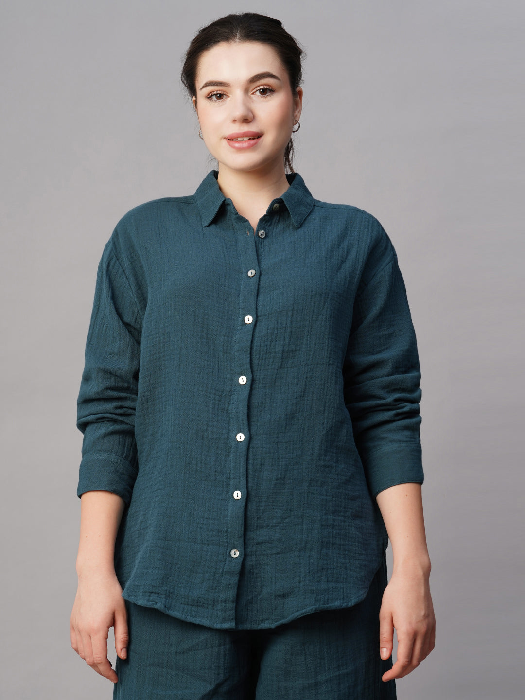 Women's Blue Cotton Boxy Fit Blouse