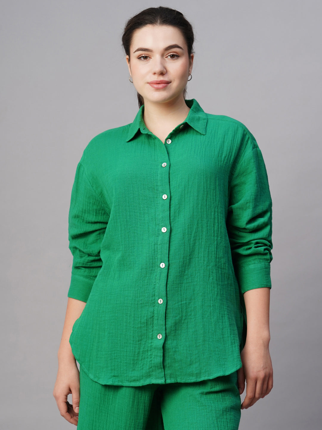 Women's Green Cotton Boxy Fit Blouse