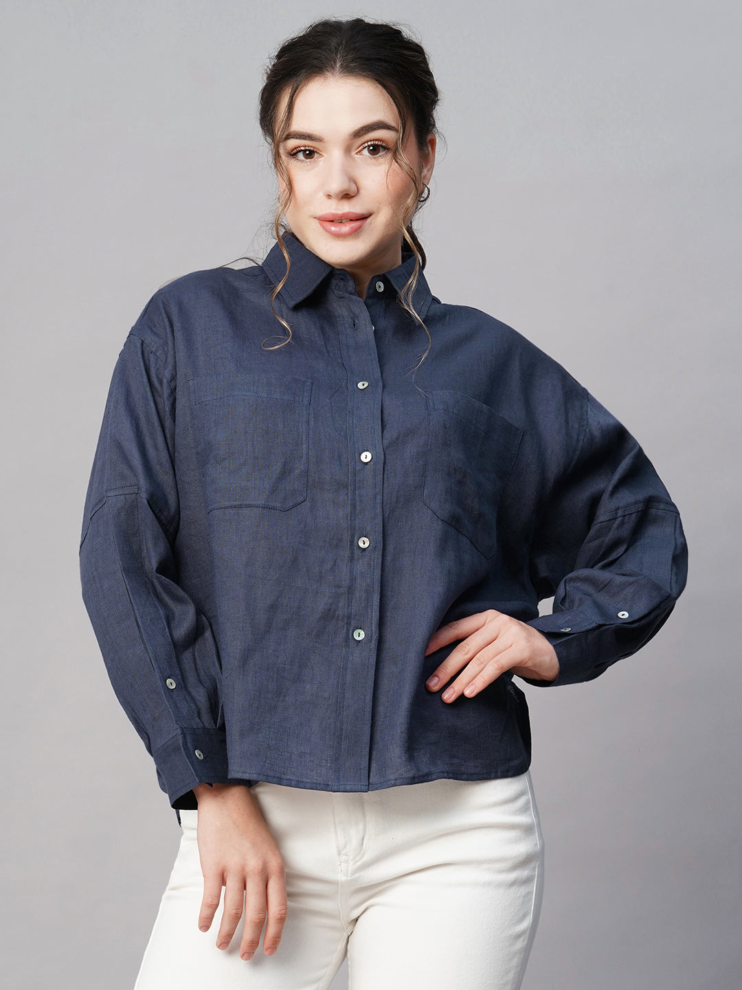 Women's Dark Blue 100% Linen Boxy Fit Blouse