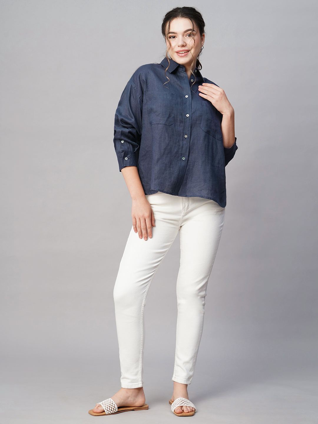 Women's Dark Blue Linen Boxy Fit Blouse