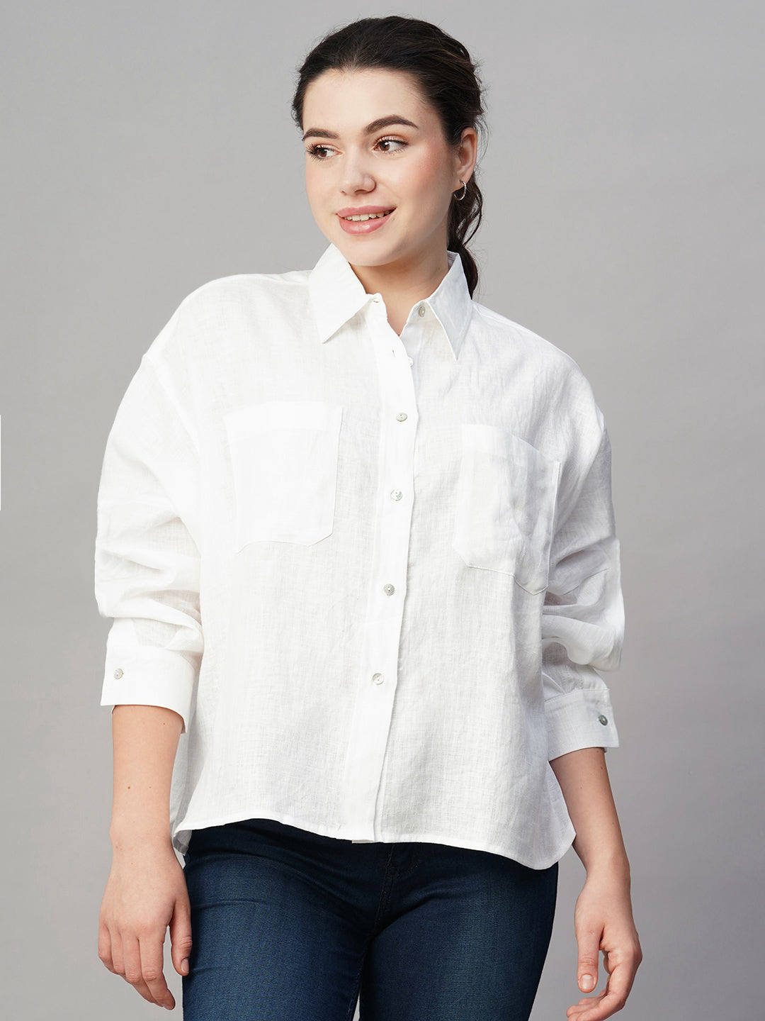 Women's White Linen Boxy Fit Blouse