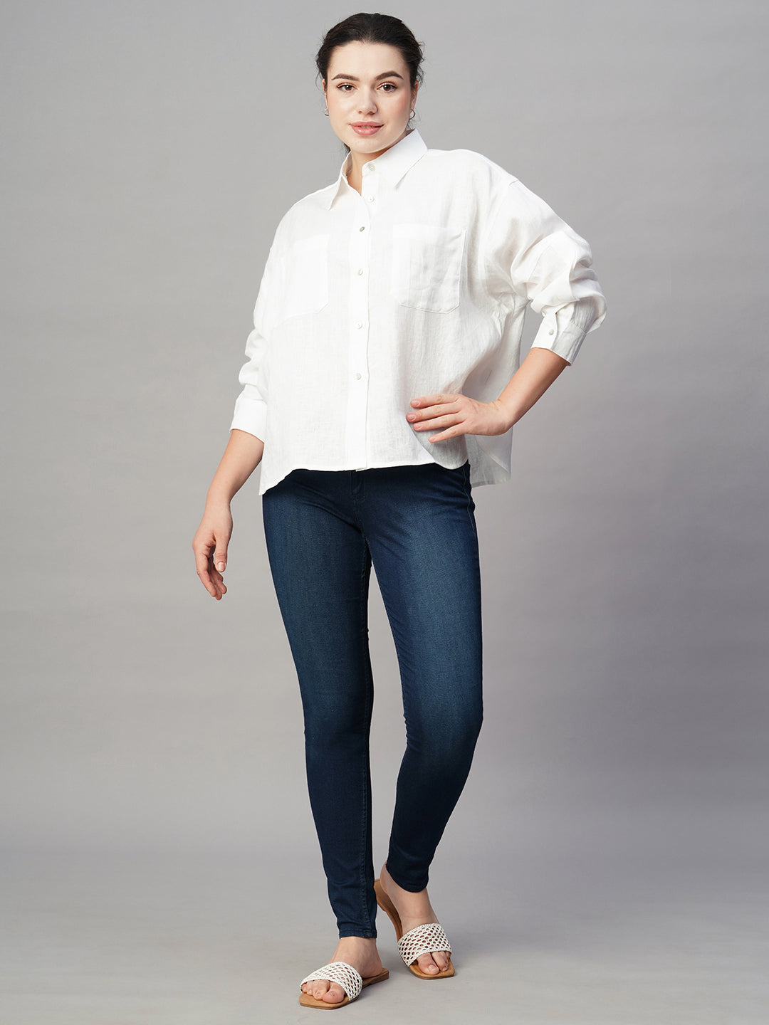 Women's White Linen Boxy Fit Blouse