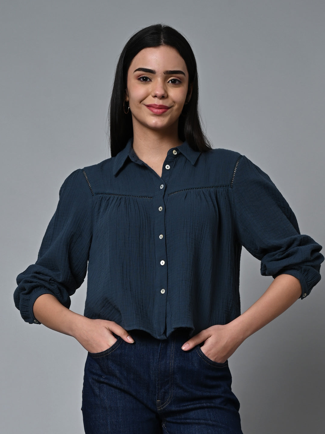 Women's Blue Cotton Regular Fit Blouse