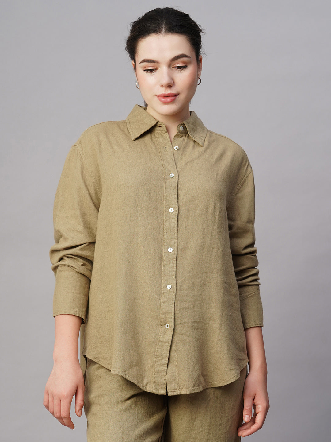 Women's Khaki Cotton Viscose Boxy Fit Blouse