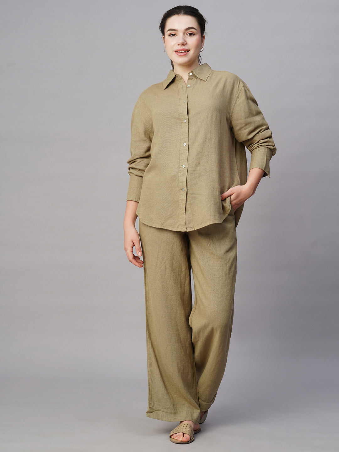 Women's Khaki Cotton Viscose Boxy Fit Blouse