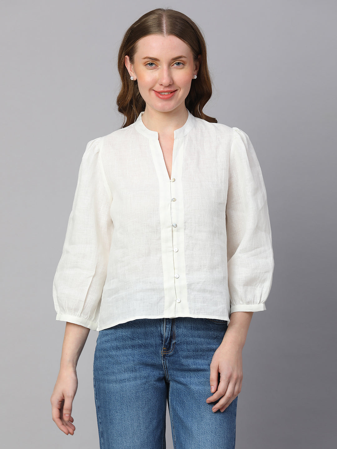 Women's White Linen Regular Fit Blouse