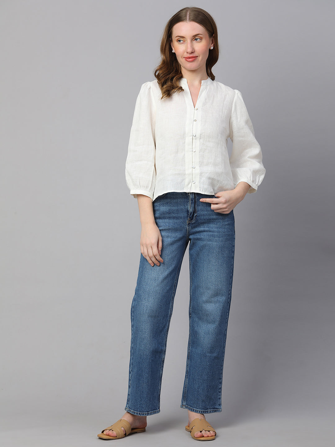 Women's White Linen Regular Fit Blouse