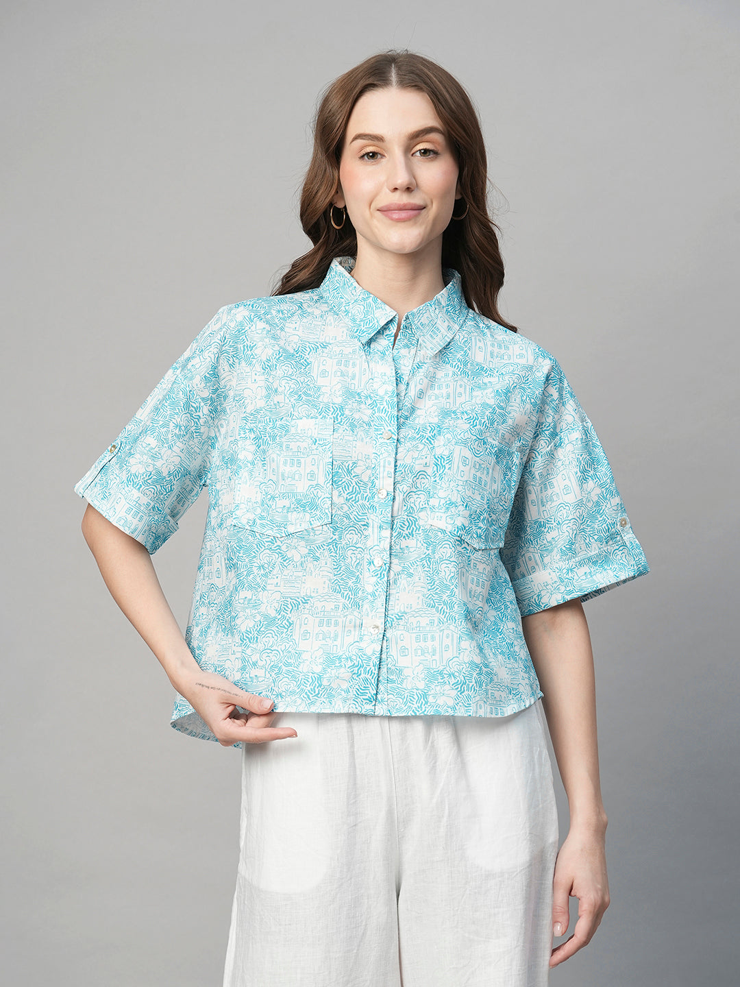 Women's Blue Cotton Linen Boxy Fit Blouse