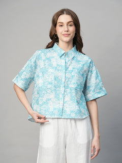 Women's Cotton Linen Boxy Fit Blouse Blue