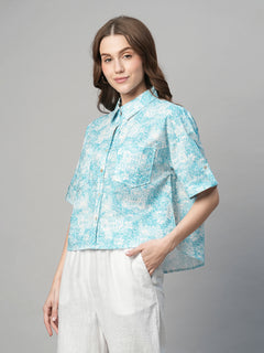 Women's Cotton Linen Boxy Fit Blouse Blue
