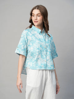 Women's Cotton Linen Boxy Fit Blouse Blue