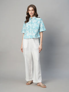 Women's Cotton Linen Boxy Fit Blouse Blue