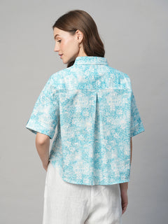 Women's Cotton Linen Boxy Fit Blouse Blue