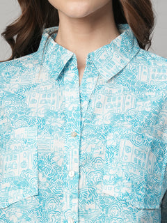 Women's Cotton Linen Boxy Fit Blouse Blue