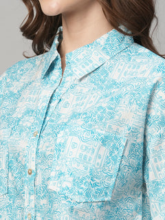 Women's Cotton Linen Boxy Fit Blouse Blue