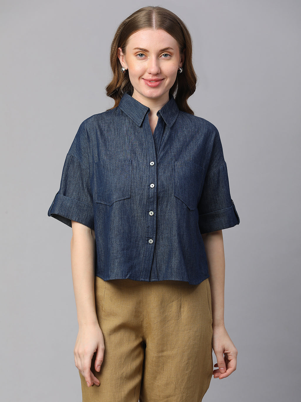 Women's Indigo Cotton Boxy Fit Blouse