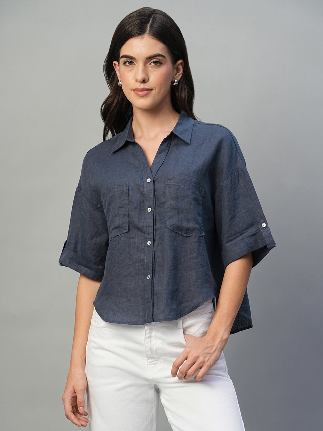 Women's Indigo 100% Linen Boxy Fit Blouse