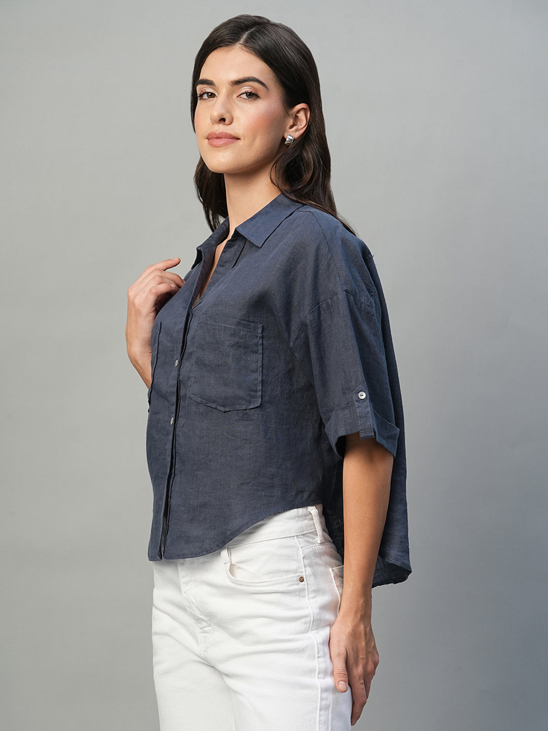 Women's Indigo 100% Linen Boxy Fit Blouse
