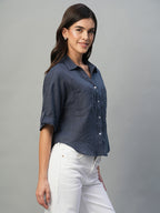 Women's Indigo 100% Linen Boxy Fit Blouse
