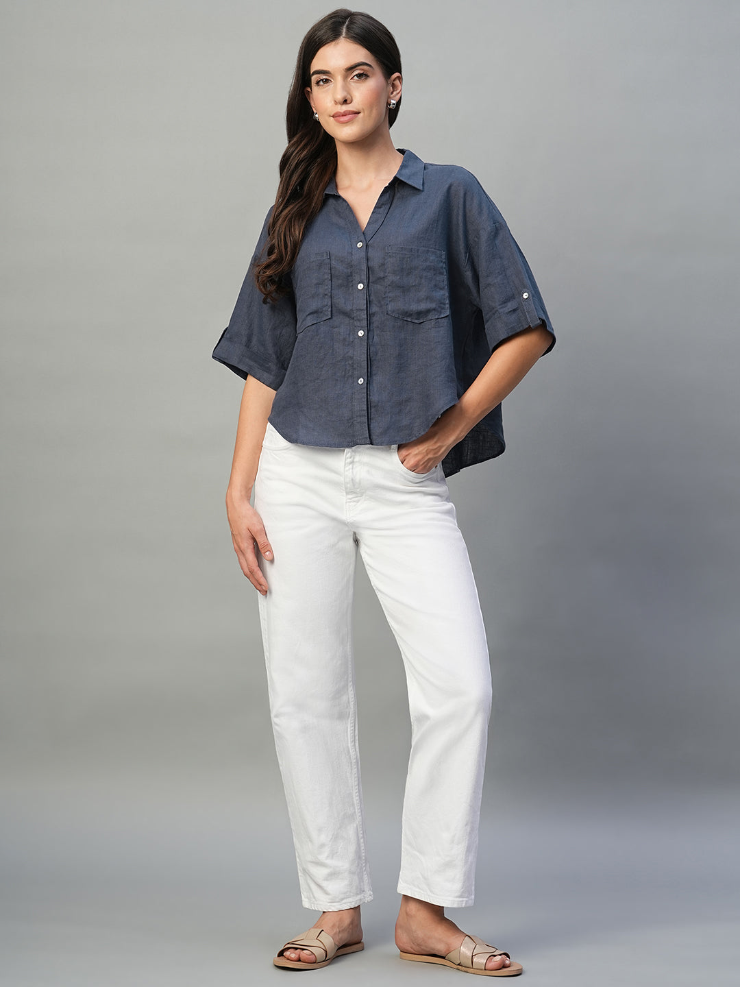 Women's Indigo 100% Linen Boxy Fit Blouse