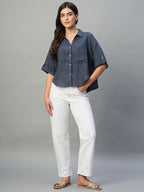 Women's Indigo 100% Linen Boxy Fit Blouse