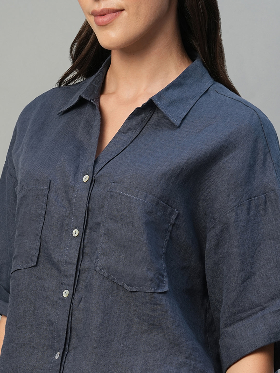 Women's Indigo 100% Linen Boxy Fit Blouse
