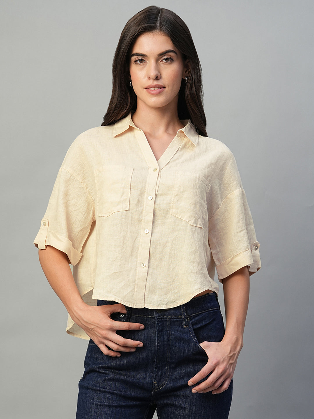 Women's Ivory 100% Linen Boxy Fit Blouse