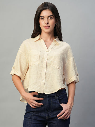 Women's Ivory 100% Linen Boxy Fit Blouse