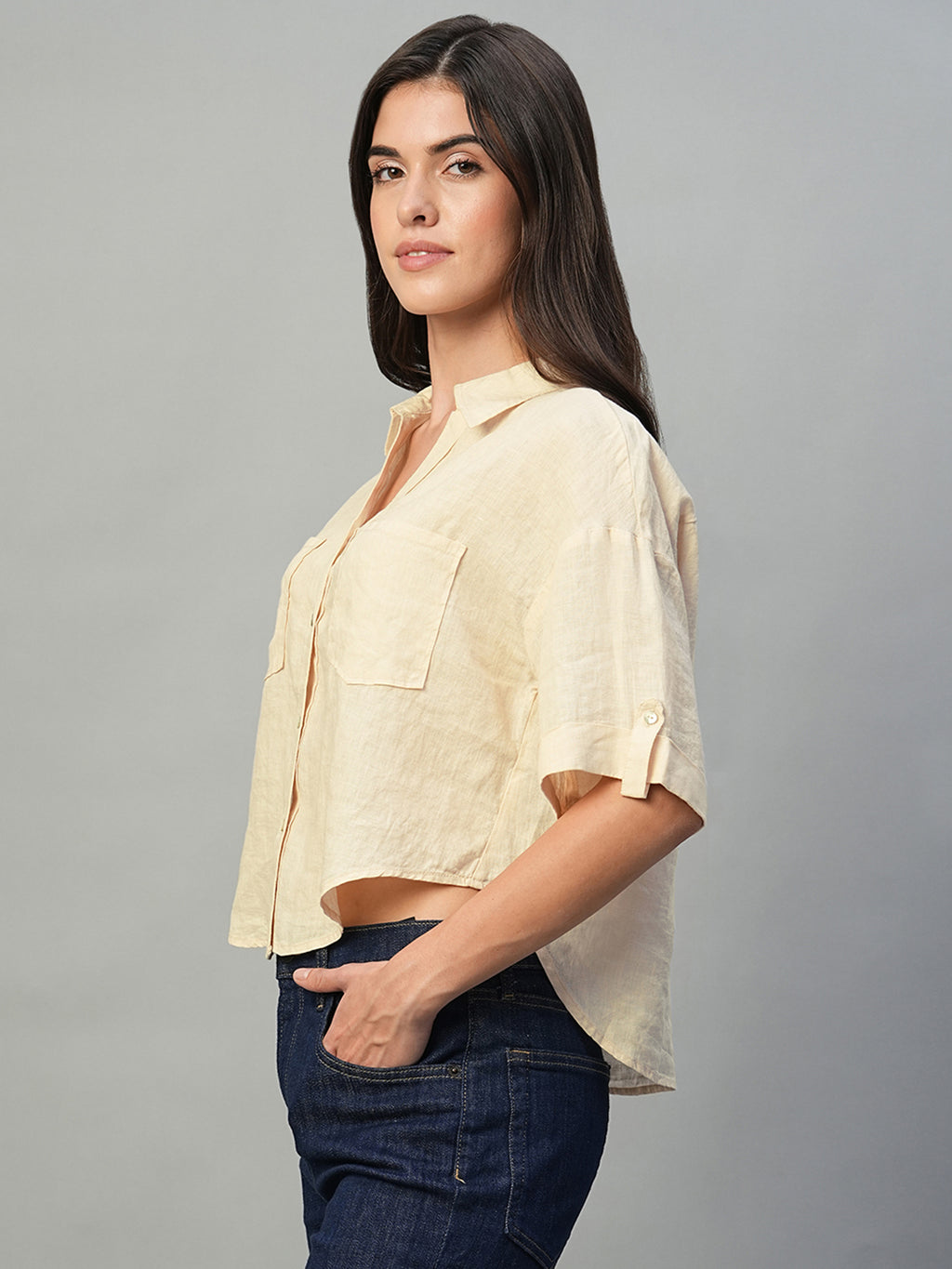 Women's Ivory 100% Linen Boxy Fit Blouse