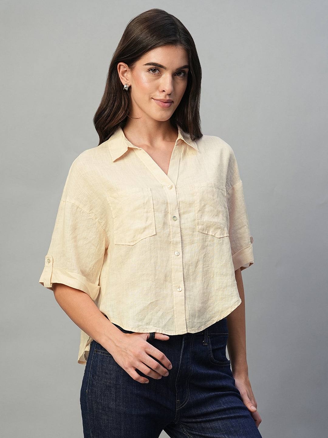 Women's Ivory 100% Linen Boxy Fit Blouse