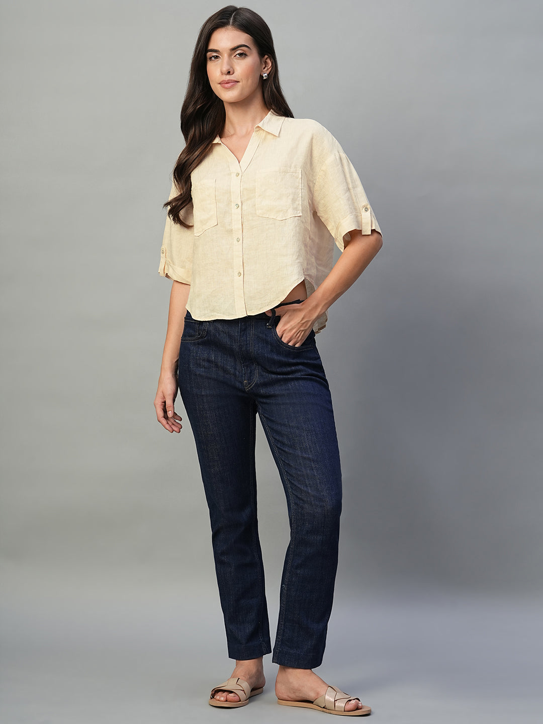 Women's Ivory 100% Linen Boxy Fit Blouse