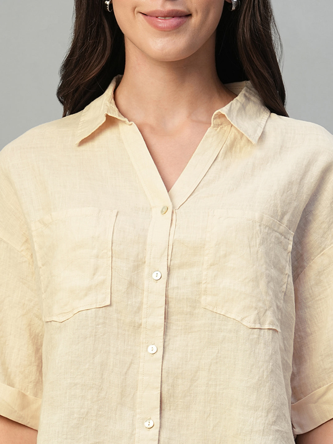 Women's Ivory 100% Linen Boxy Fit Blouse