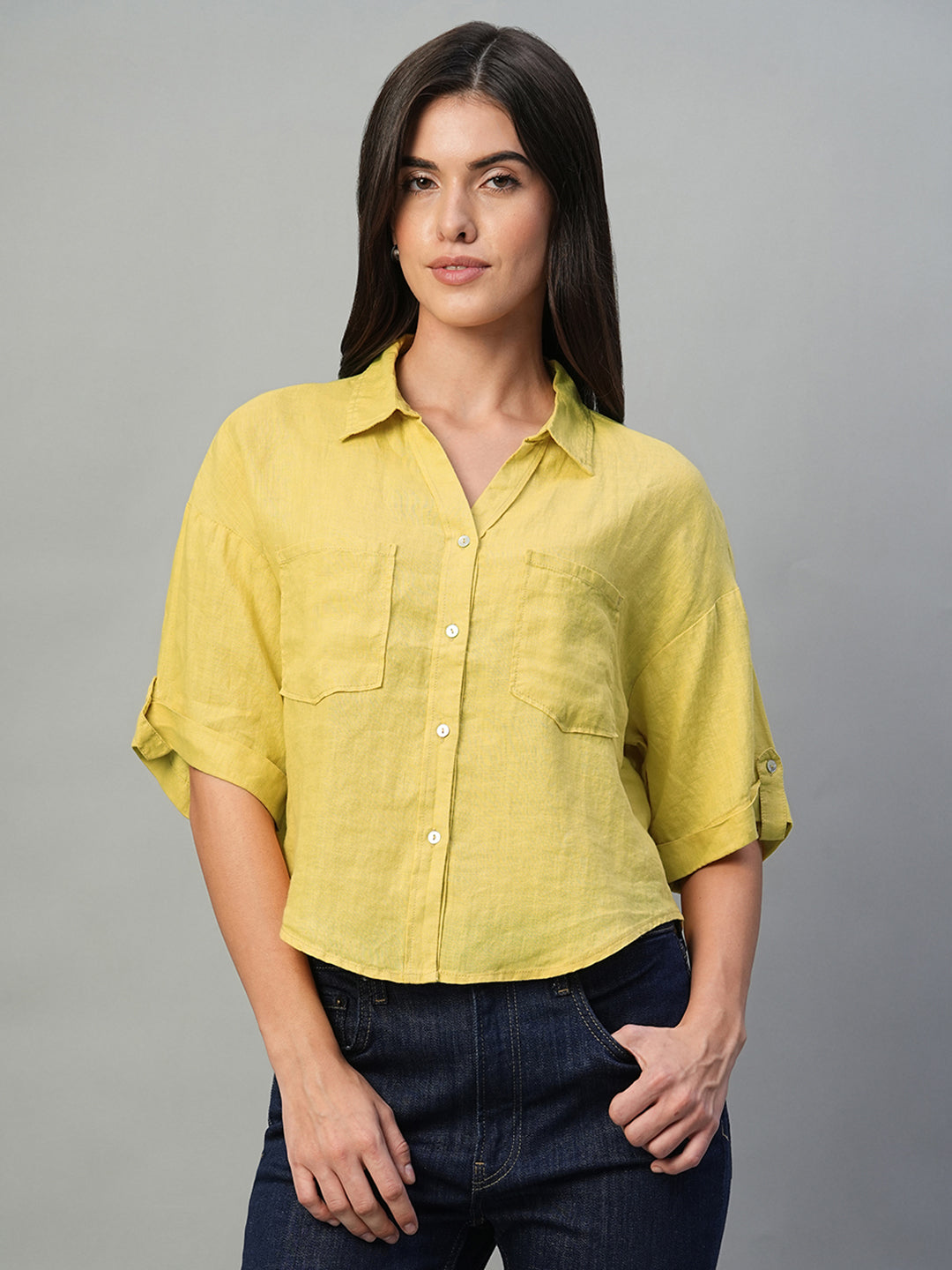 Women's Yellow 100% Linen Boxy Fit Blouse