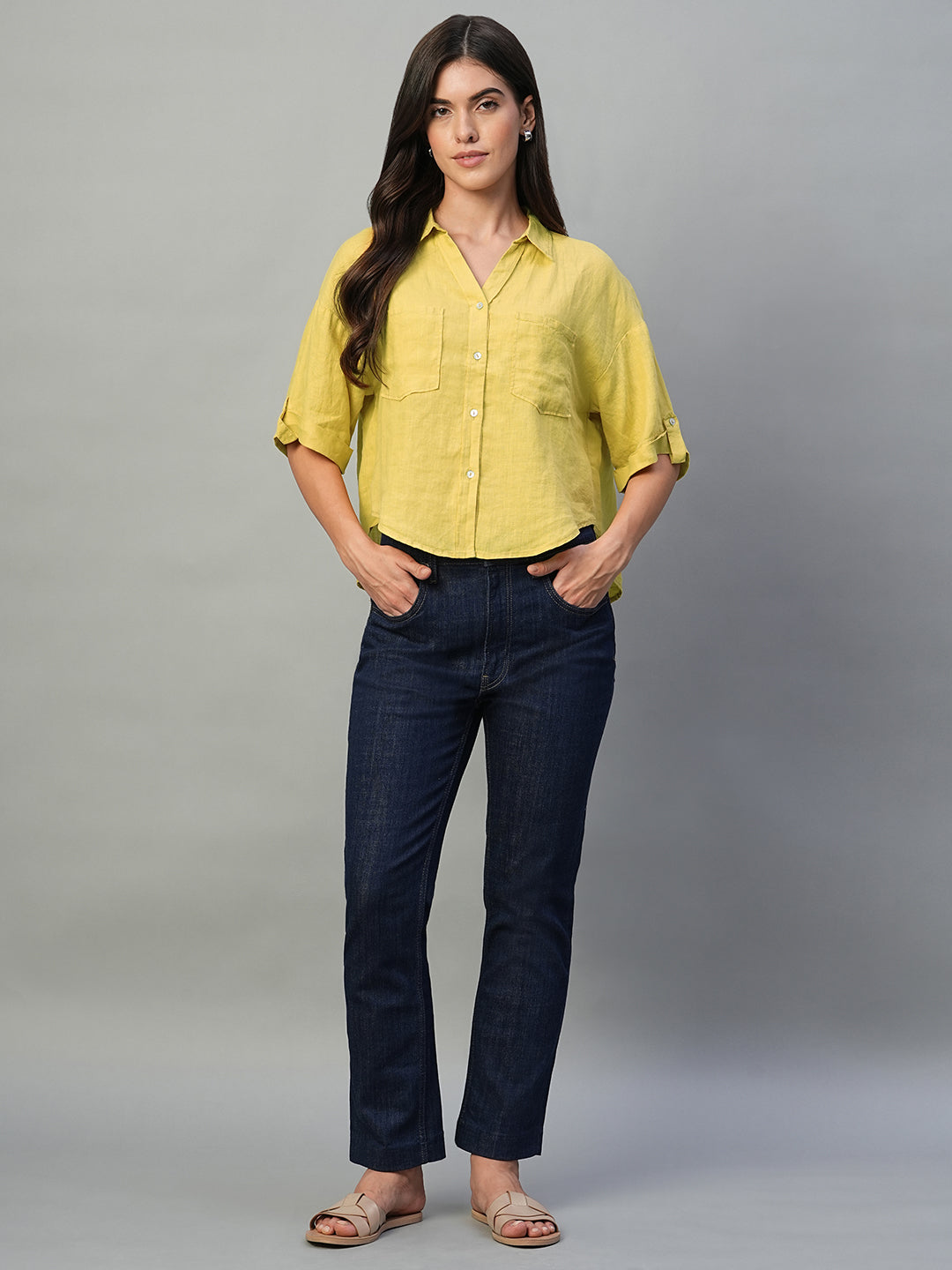 Women's Yellow 100% Linen Boxy Fit Blouse