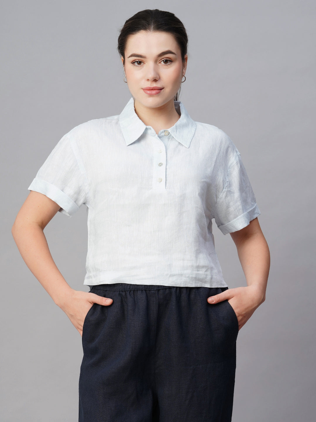 Women's Blue Linen Regular Fit Blouse