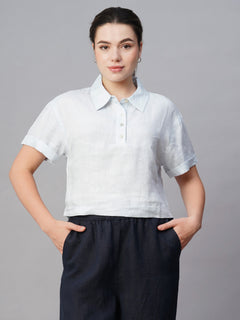 Women's Linen Regular Fit White Patch Pocket Blouse Blue