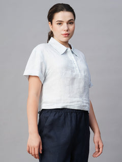 Women's Linen Regular Fit White Patch Pocket Blouse Blue