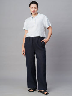 Women's Linen Regular Fit White Patch Pocket Blouse Blue