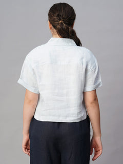 Women's Linen Regular Fit White Patch Pocket Blouse Blue